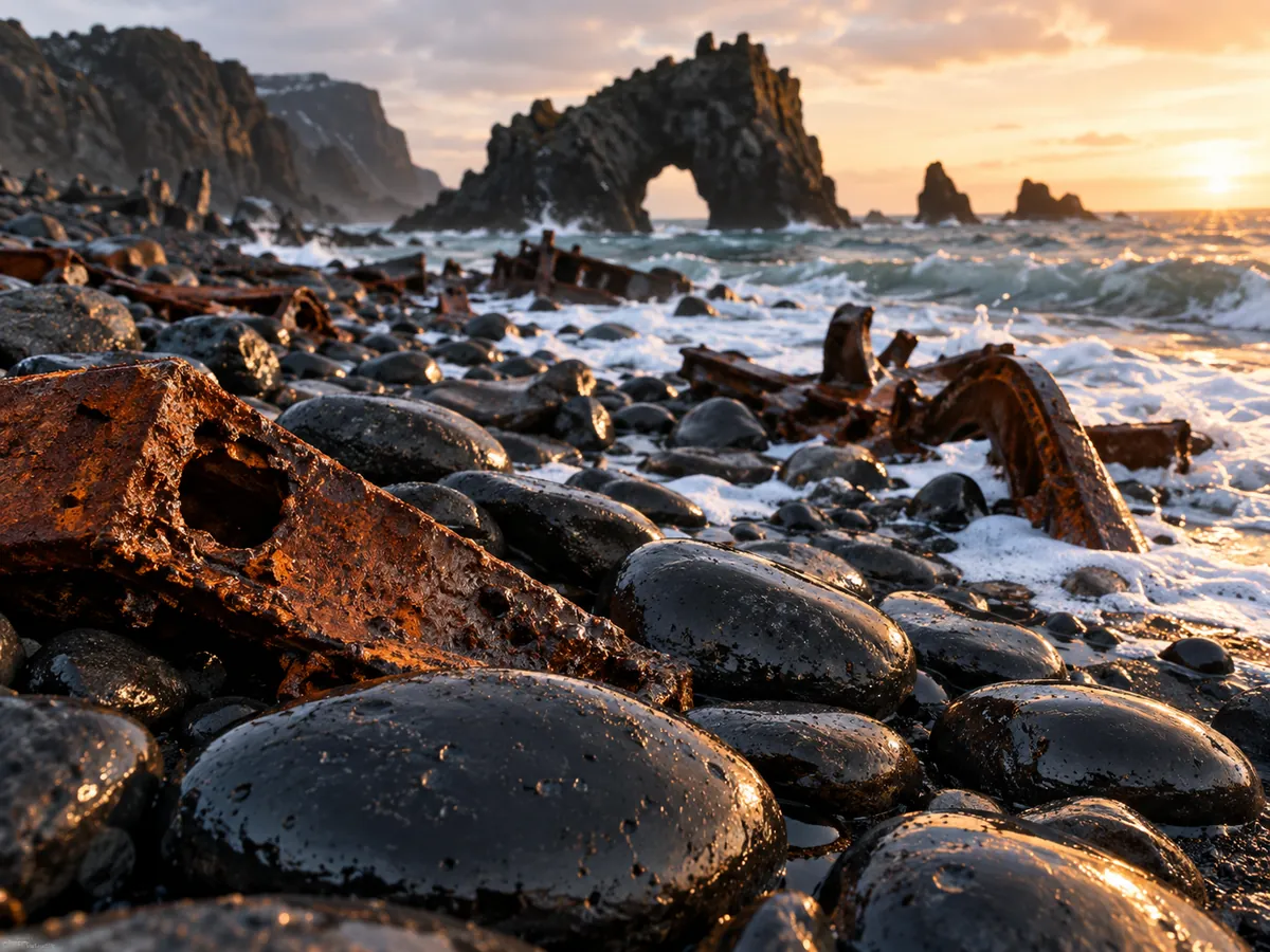 Runde schwarze Kiesel und ein Lavabogen im Meer am Strand Djupalonssandur bei Sonnenuntergang