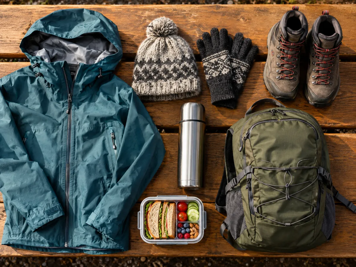 Composizione dall'alto di una giacca antipioggia, un cappello di lana, guanti, scarponi da trekking, un thermos e un portapranzo